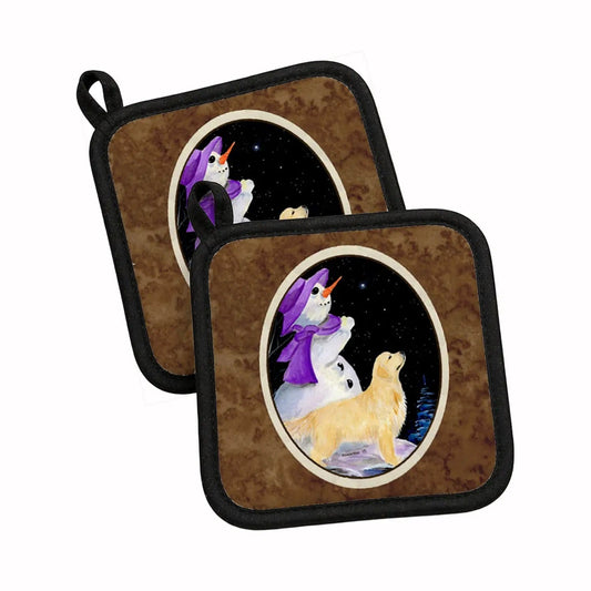 Pot Holder Set of 2 | Heat Resistant Quilted Hot Pads | 7.5 x 7.5 Inch | Snowman with Golden Retriever