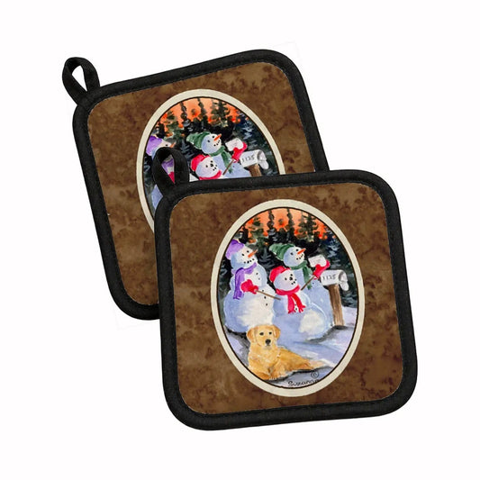Pot Holder Set of 2 | Heat Resistant Quilted Hot Pads | 7.5 x 7.5 Inch | Snowman with Golden Retriever (Style 2)