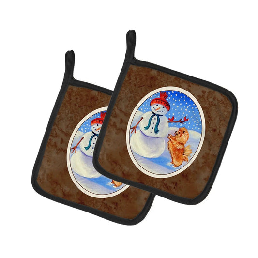 Pot Holder Set of 2 | Heat Resistant Quilted Hot Pads | 7.5 x 7.5 Inch | Snowman with Pomeranian Winter Snowman