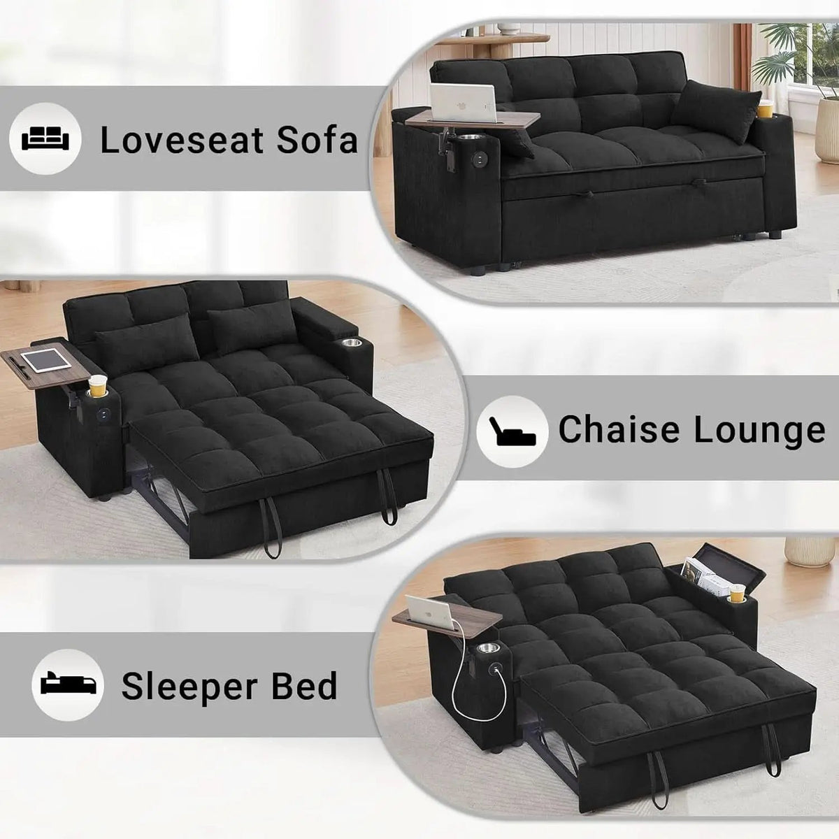 65Inches Transformable Sleeper Sofa Bed Black USBPort from PriceLows™