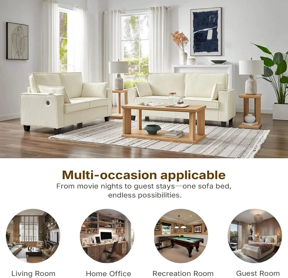 Beige 65-Inch Sleeper Sofa Bed, 2-in-1 Convertible from PriceLows™