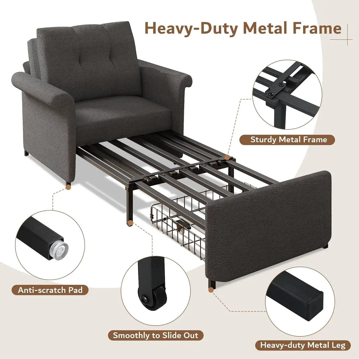 Dark Gray Lambswool Fabric Textured Sofa Bed Chair Storage from PriceLows™