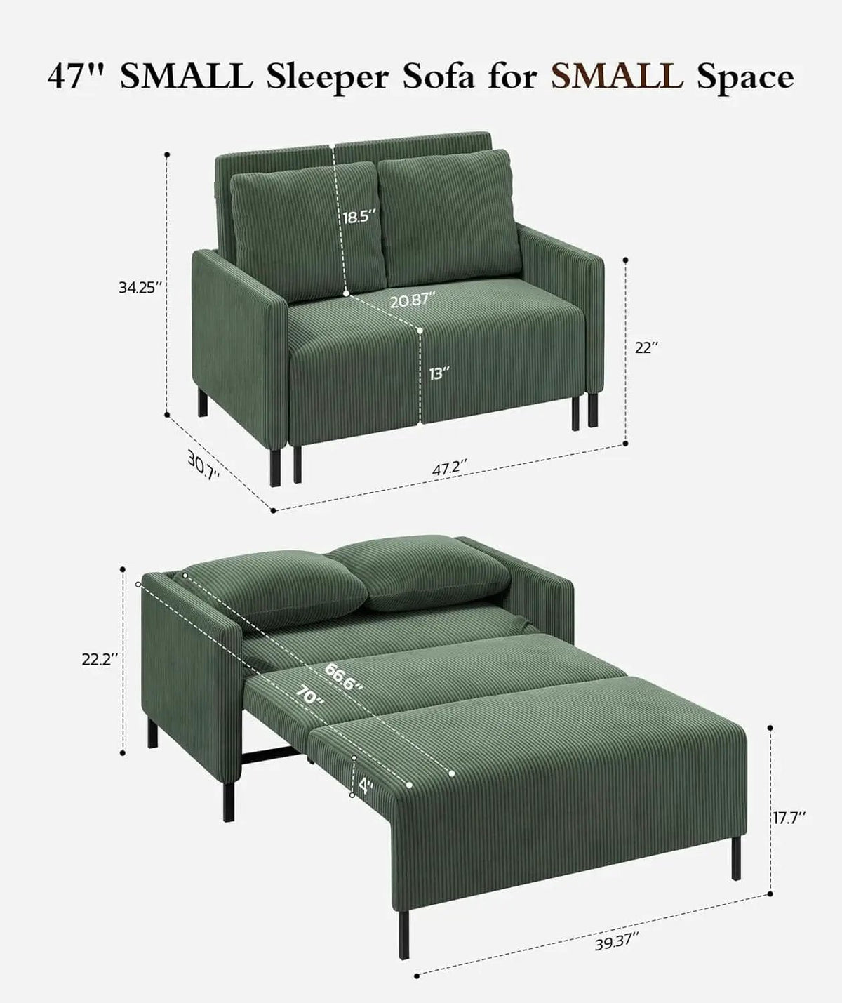 Forest Green Corduroy Convertible Sofa 47Inch Sleeper from PriceLows™
