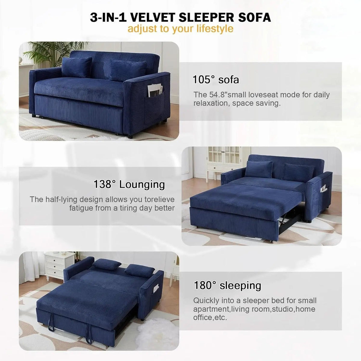 Navy Corduroy Convertible Sleeper Sofa Bed Pockets from PriceLows™