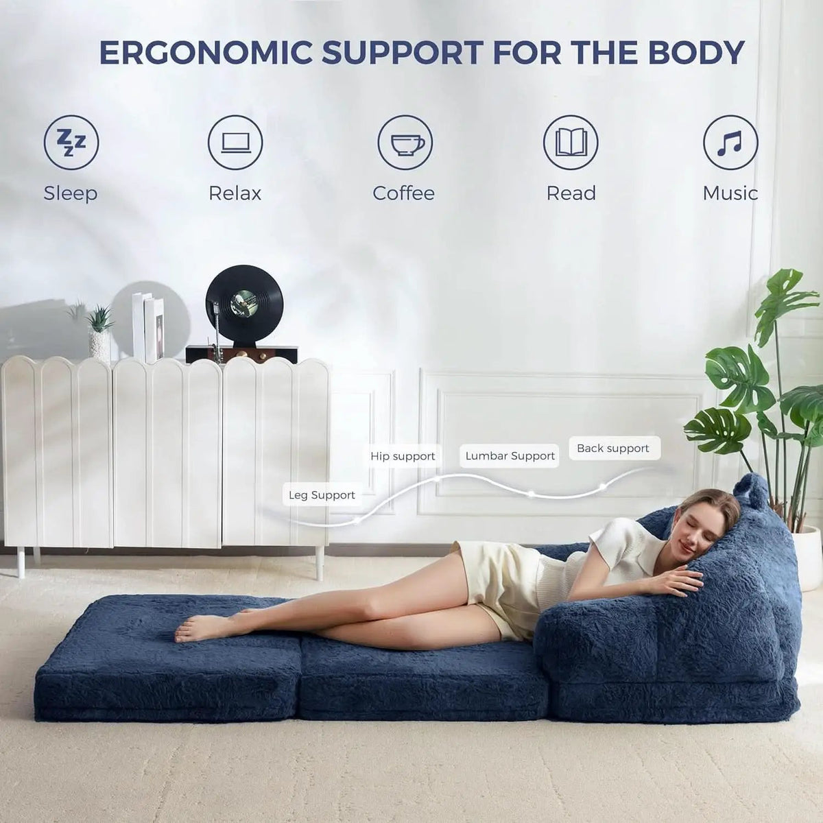 Navy Upholstered Folding Sofa Bed Convertible Lounger from PriceLows™