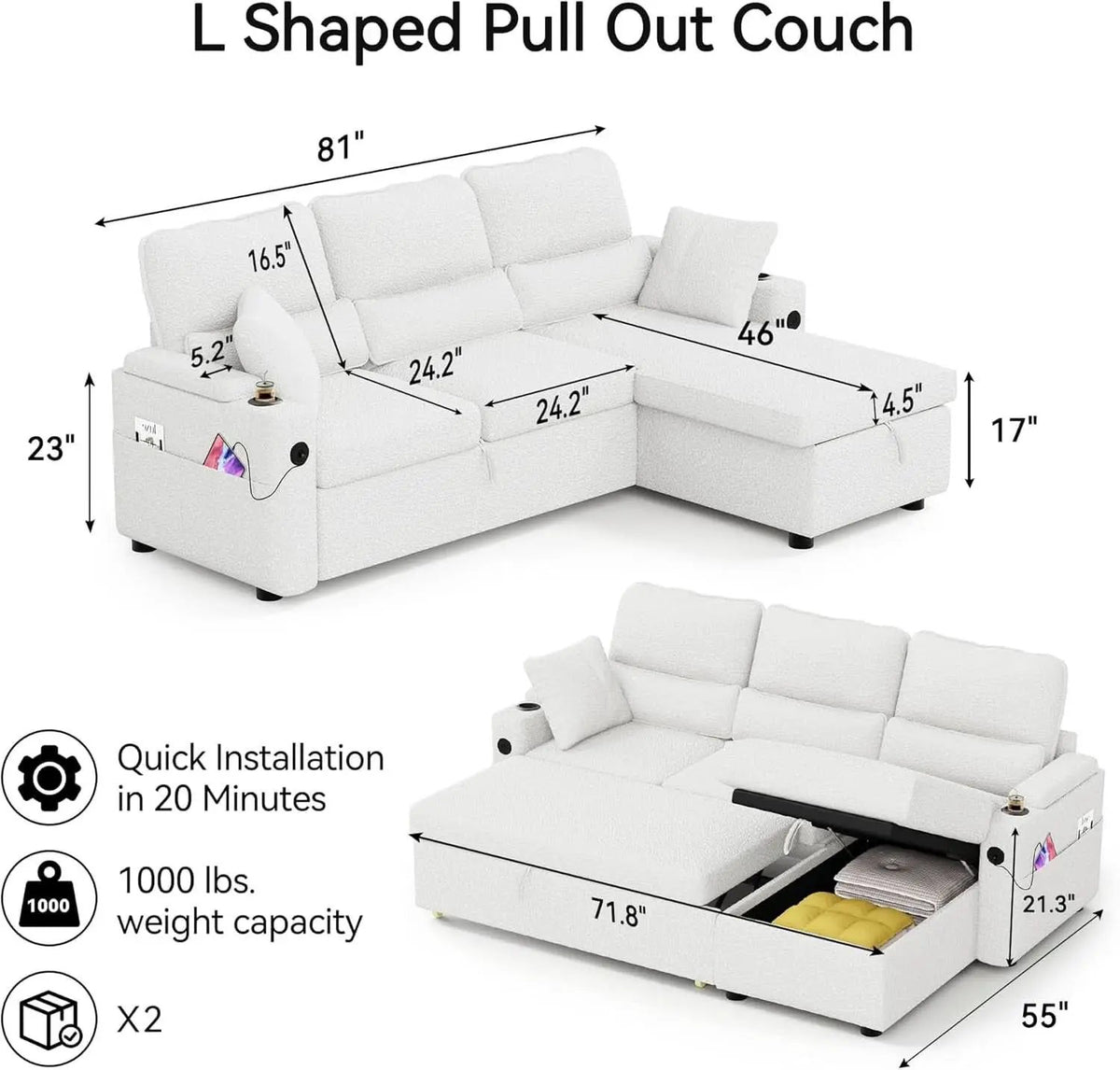 Pull Out Convertible Sofa Bed With Hidden Storage Teddy White from PriceLows™