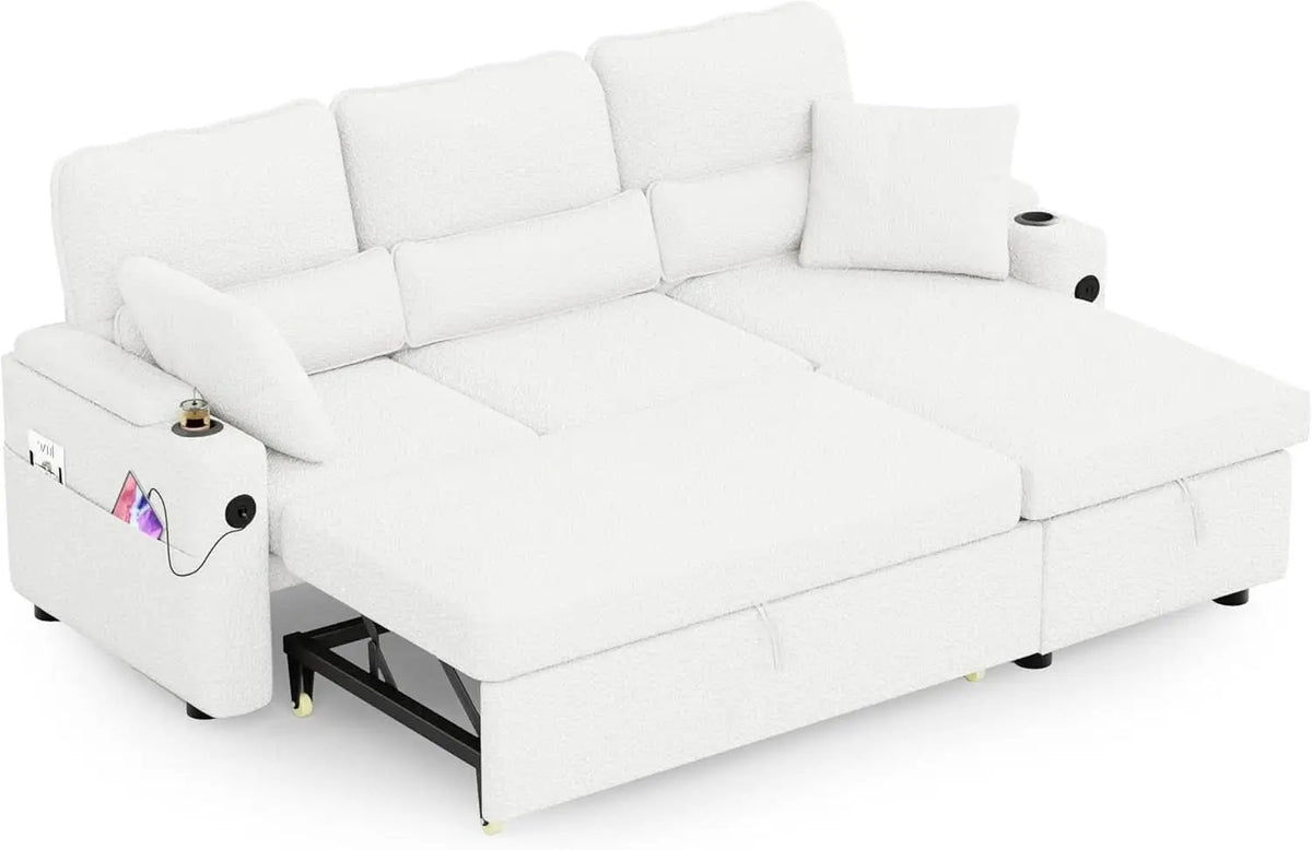 Pull Out Convertible Sofa Bed With Hidden Storage Teddy White from PriceLows™