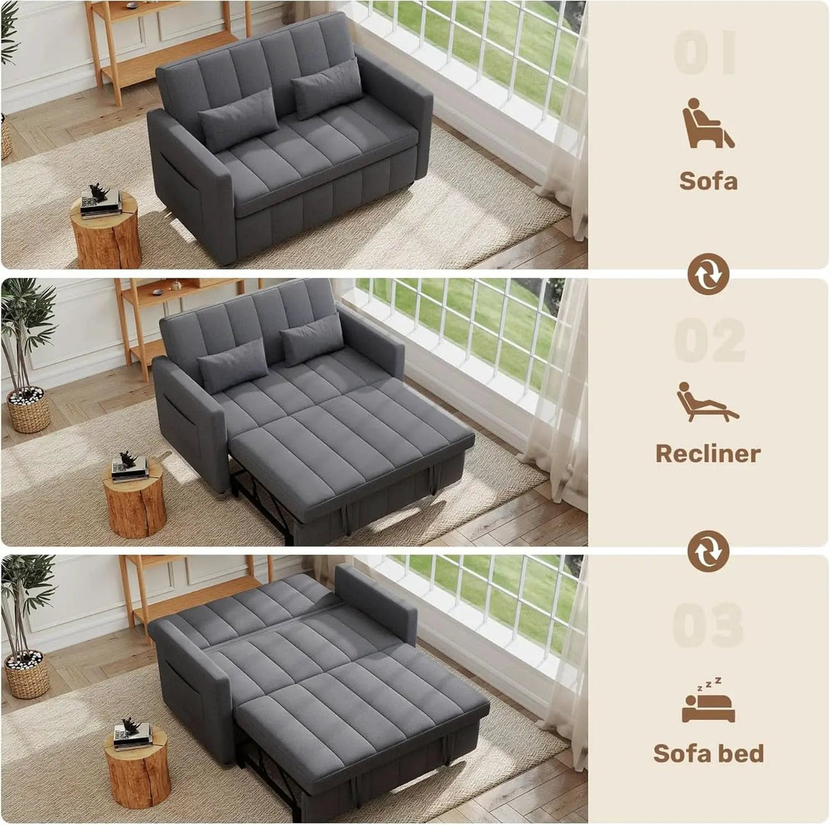Three In One Convertible Sleeper Sofa Bed With Adjustable Backrest Light Gray from PriceLows™