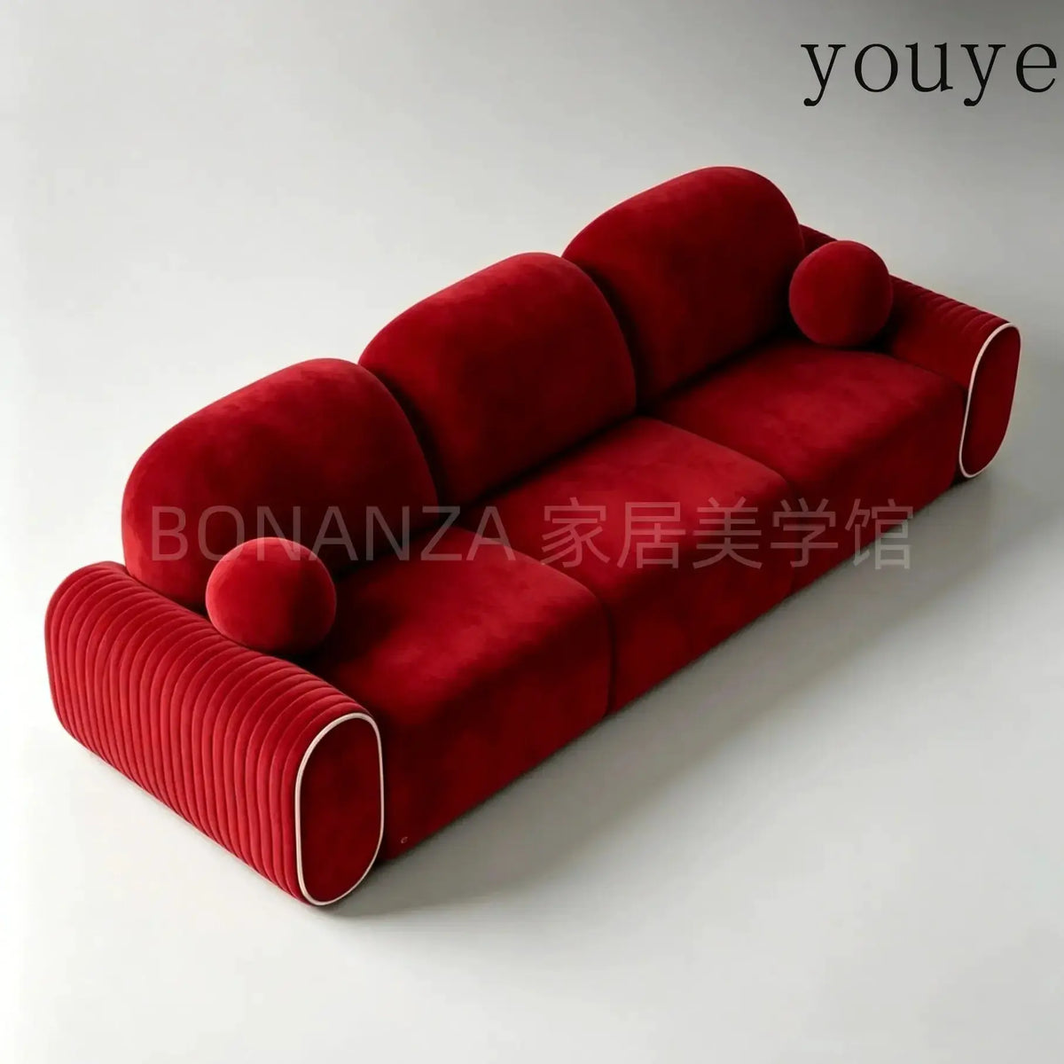 njkn French retro red velvet cloud sofa designer pleated armrest contrasting color piping living room straight three-person sofa from PriceLows™
