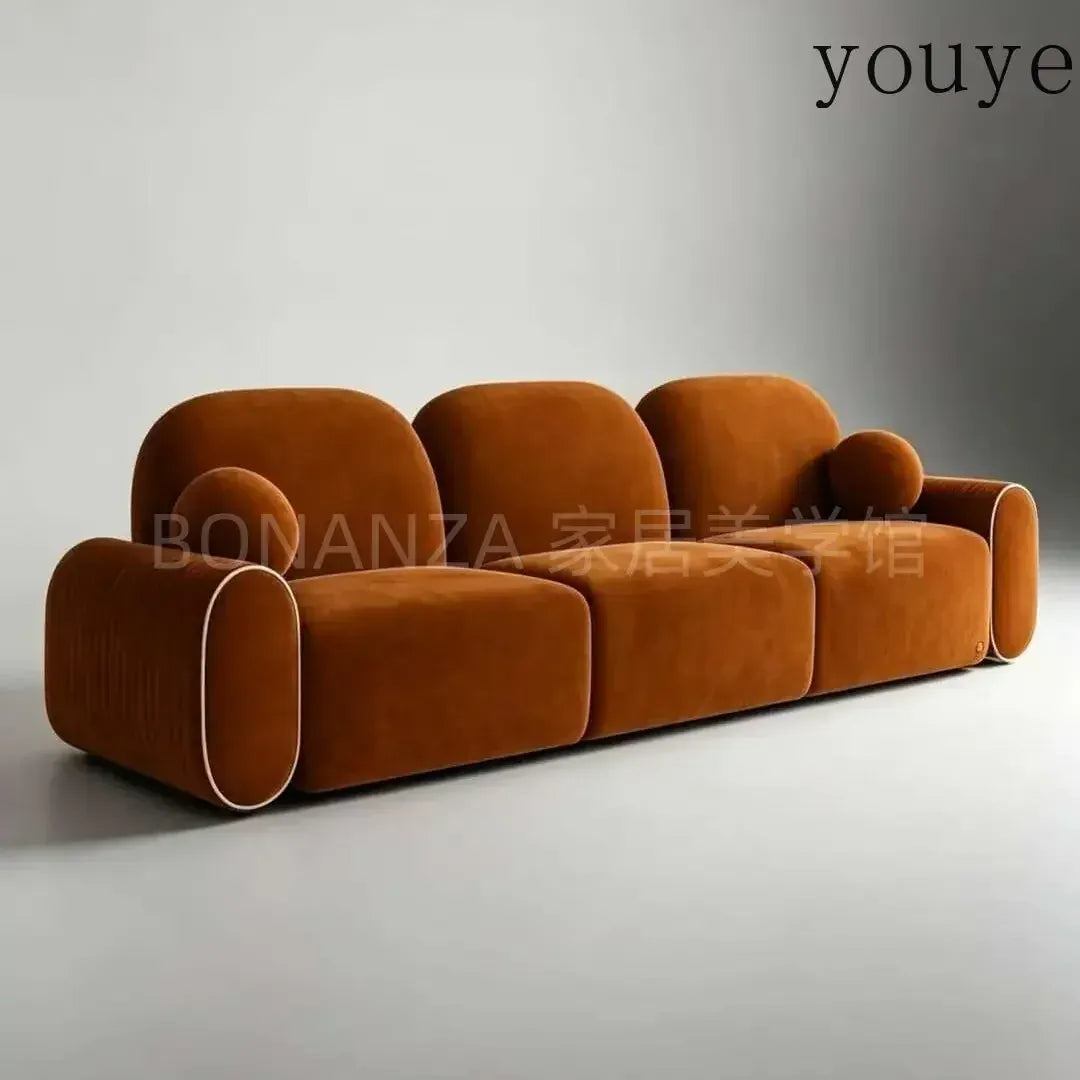 njkn French retro red velvet cloud sofa designer pleated armrest contrasting color piping living room straight three-person sofa from PriceLows™