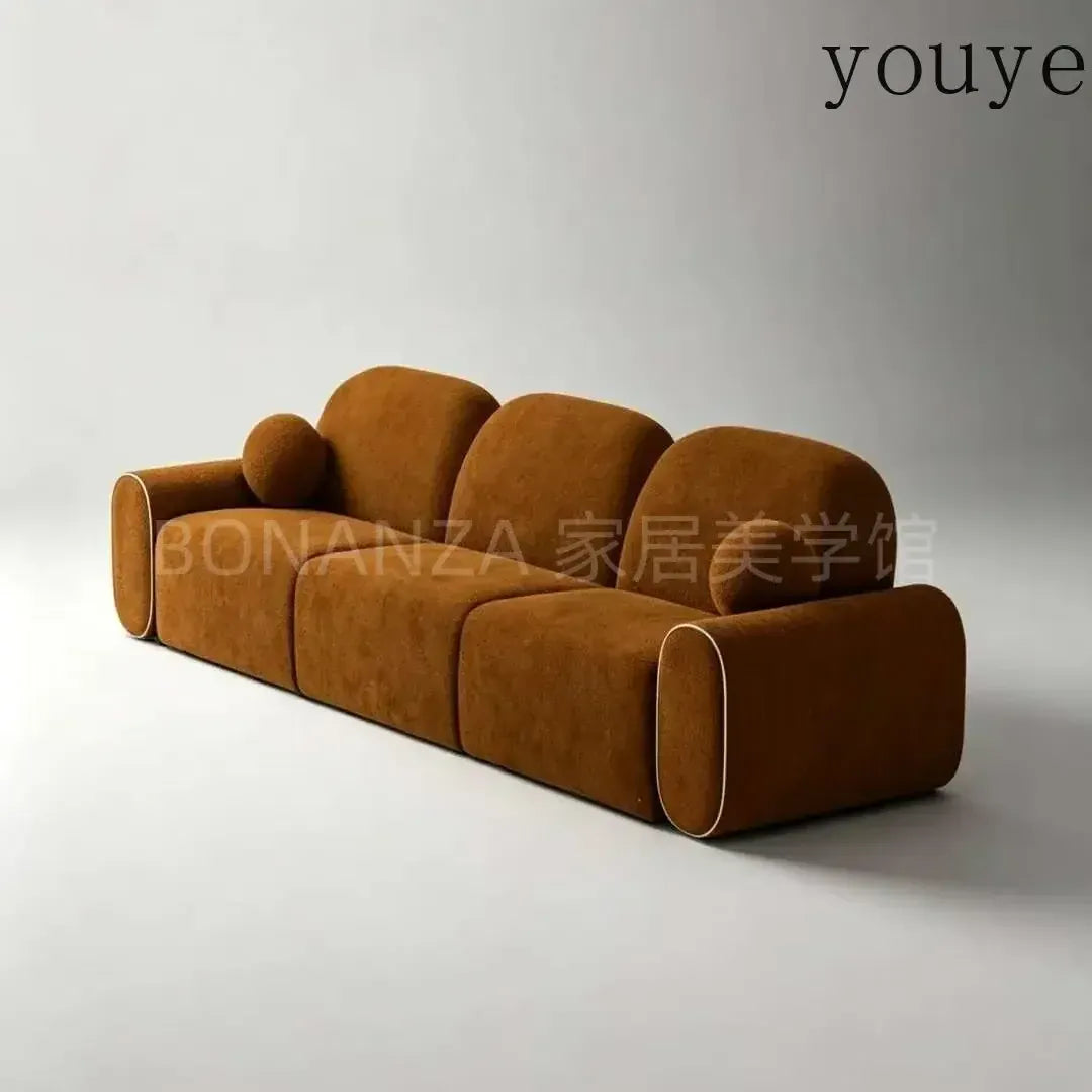njkn French retro red velvet cloud sofa designer pleated armrest contrasting color piping living room straight three-person sofa from PriceLows™
