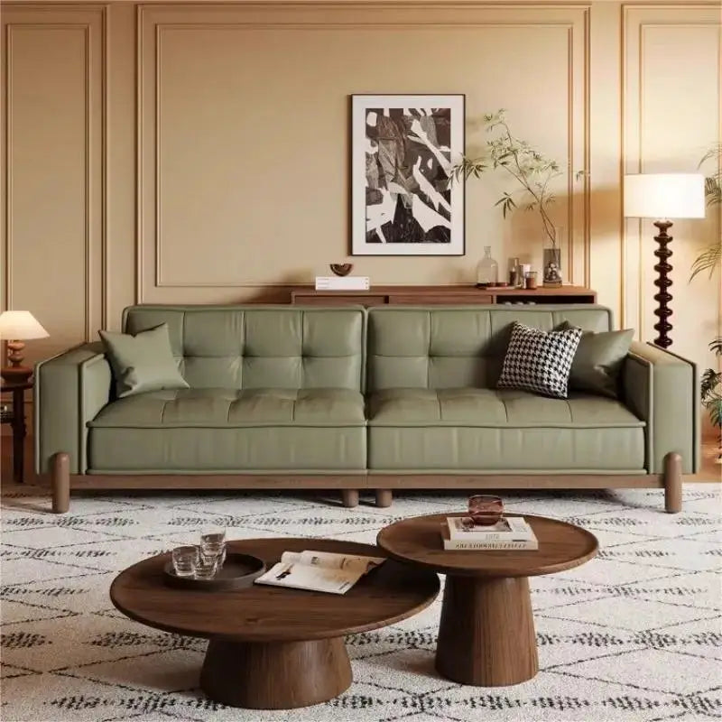 Nordic Retro Genuine Leather Sofa Mid-Century Solid Wood Minimalist Top Grain Cowhide Straight Set for Small Living Room from PriceLows™