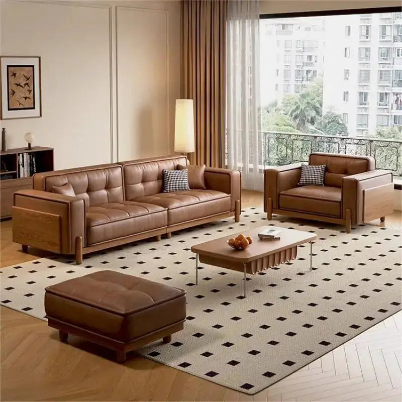 Nordic Retro Genuine Leather Sofa Mid-Century Solid Wood Minimalist Top Grain Cowhide Straight Set for Small Living Room from PriceLows™