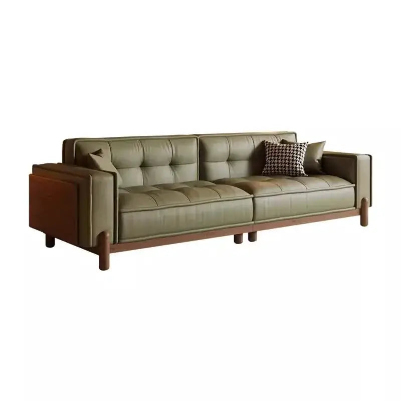 Nordic Retro Genuine Leather Sofa Mid-Century Solid Wood Minimalist Top Grain Cowhide Straight Set for Small Living Room from PriceLows™