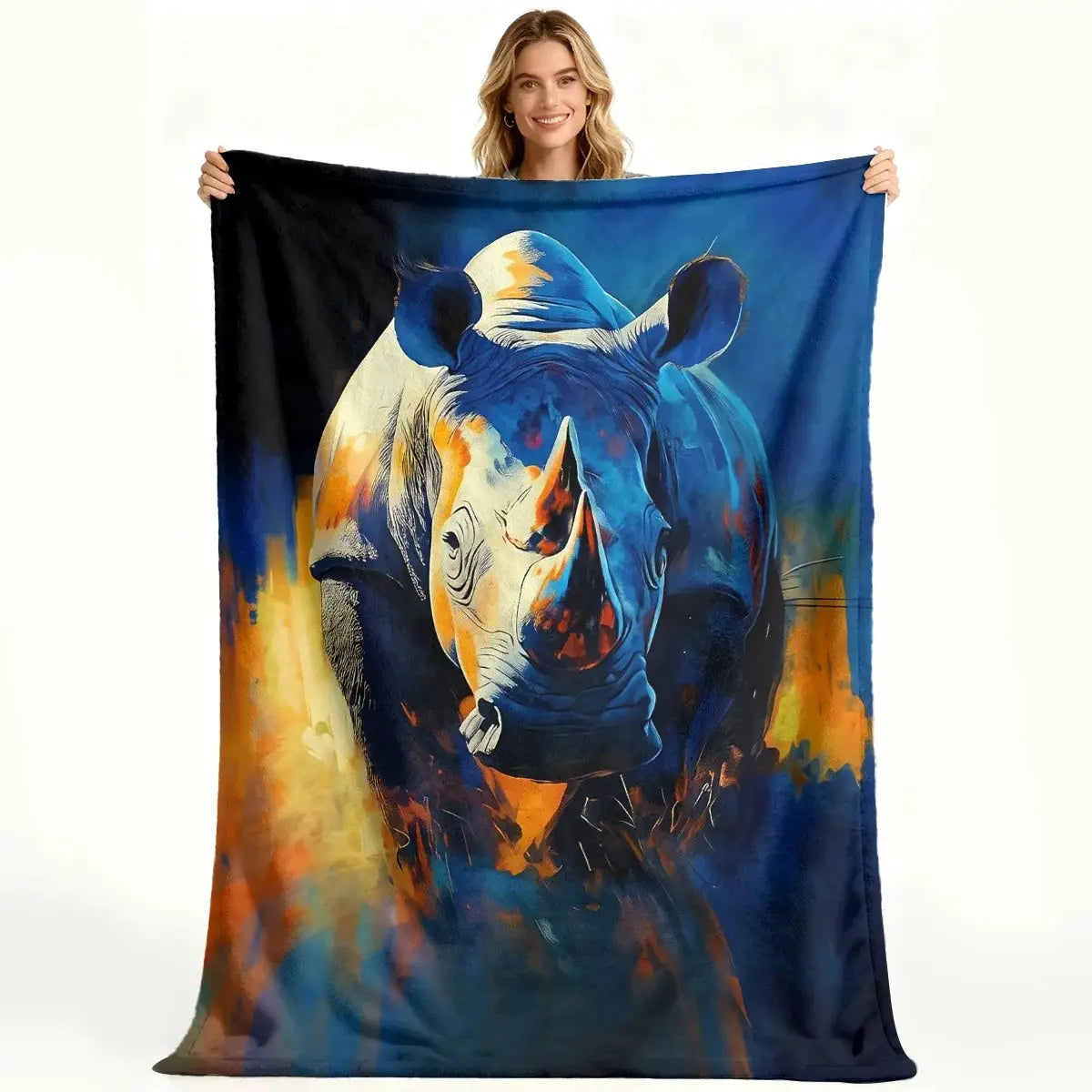 Soft Fleece Throw Blanket | Blue | Rhino Portrait Art Print | One Size from PriceLows™