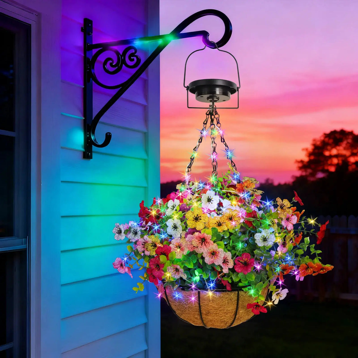 Solar-Powered Hanging Flower Basket Lights Outdoor Porch Lawn Christmas Garden Decor DIY Copper Wire RGB Lights with Solar Panel from PriceLows™