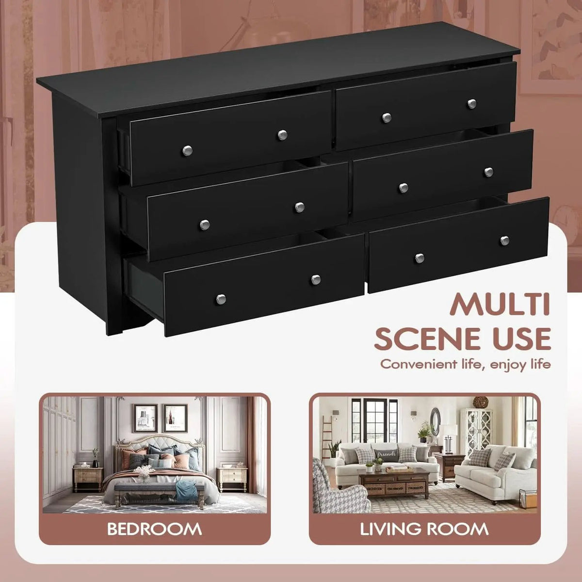 Solid Wood Black Dresser With Six Drawers Contemporary from PriceLows™