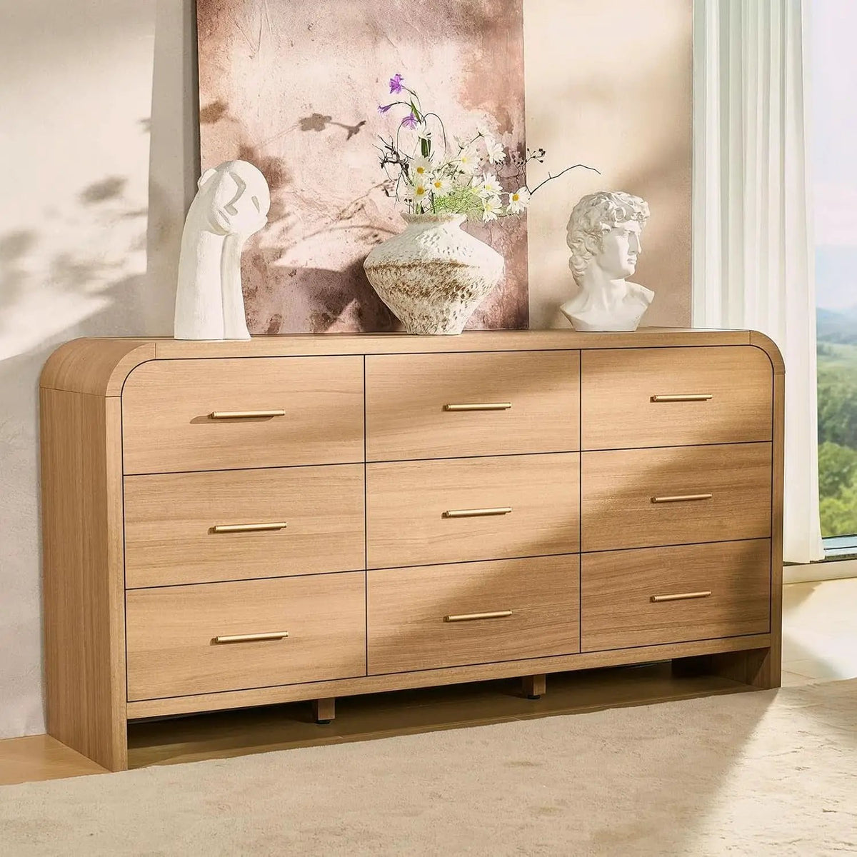 SolidOak Curved Nine Drawer Dresser SixtyThreeInches from PriceLows™