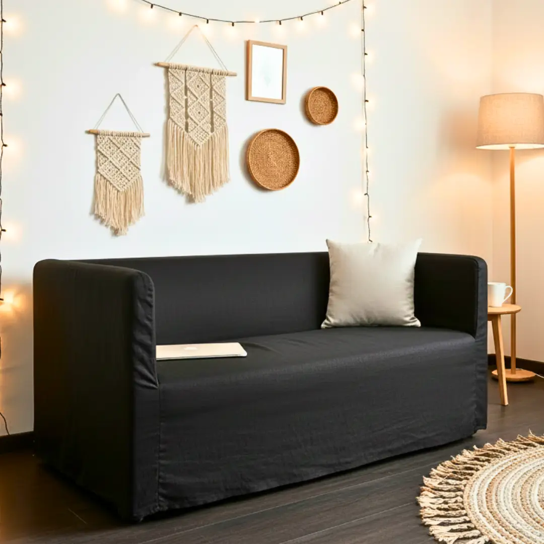 Solid Black European Linen Slipcover – Compatible with IKEA Knopparp Sofa (3-Seater) from PriceLows™