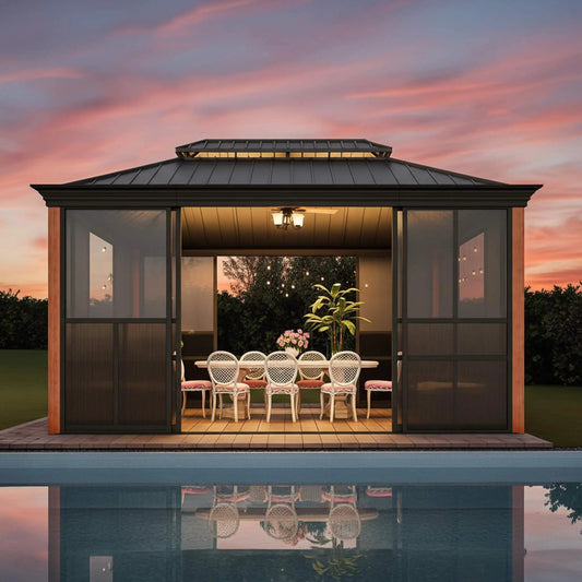 Solstice Premium All Season Outdoor Wood Grain Sunroom With Sliding Doors And Double | Steel | Outdoor Living Use | Outdoor Living