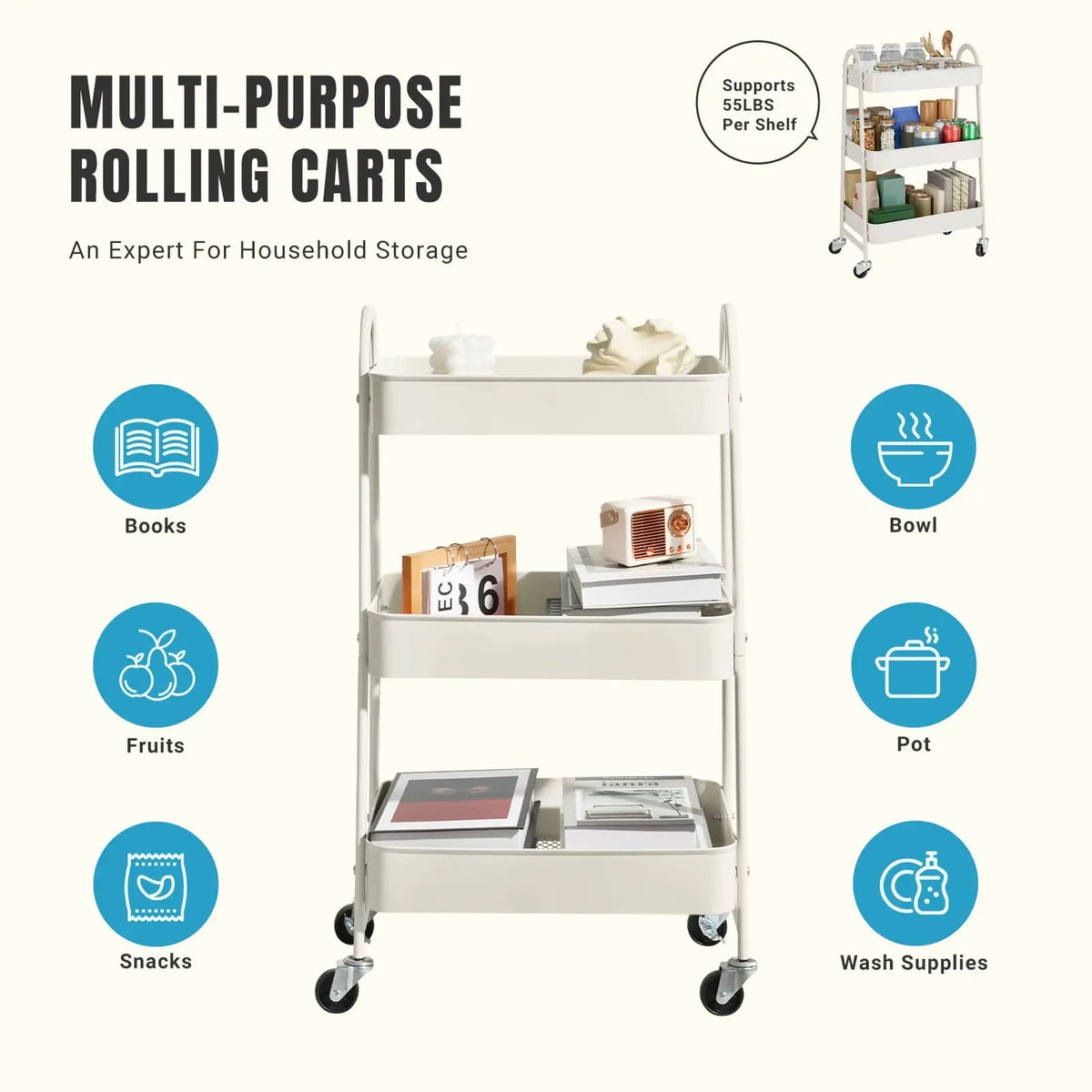 JHK 3 Tier Metal Storage Kitchen Cart with Lockable Wheels Mobile Shelving Unit Utility Rolling Organizer For Home Narrow Places from PriceLows™
