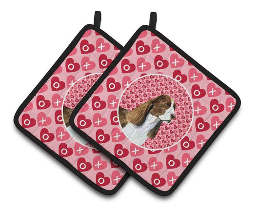 Pot Holder Set of 2 | Heat Resistant Quilted Hot Pads | 7.5 x 7.5 Inch | Springer Spaniel Hearts Love Valentine's Day