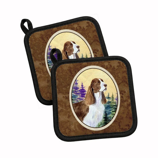 Pot Holder Set of 2 | Heat Resistant Quilted Hot Pads | 7.5 x 7.5 Inch | Springer Spaniel (Style 2)