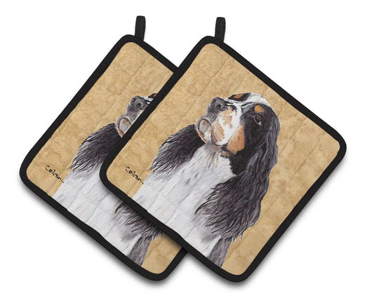 Pot Holder Set of 2 | Heat Resistant Quilted Hot Pads | 7.5 x 7.5 Inch | Springer Spaniel Wipe your Paws (Style 2)