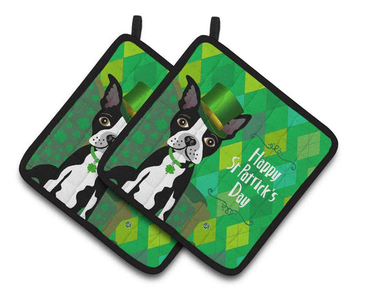 Pot Holder Set of 2 | Heat Resistant Quilted Hot Pads | 7.5 x 7.5 Inch | St Patrick's Day Boston Terrier