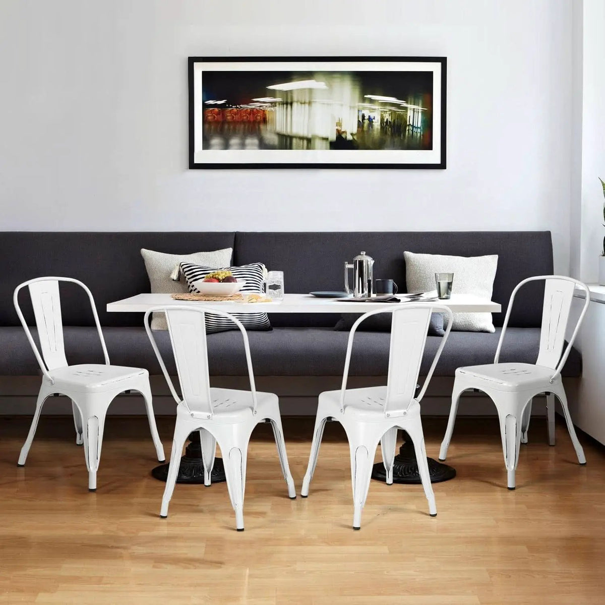 Stackable Distressed White Metal Dining Chairs For Indoor Outdoor Set Of 4 from PriceLows™