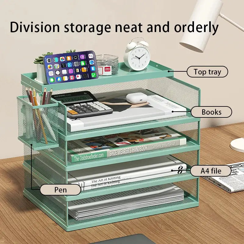 Stackable Letter Tray | 4-Tier | Green Metal | Pen Holder Included from PriceLows™