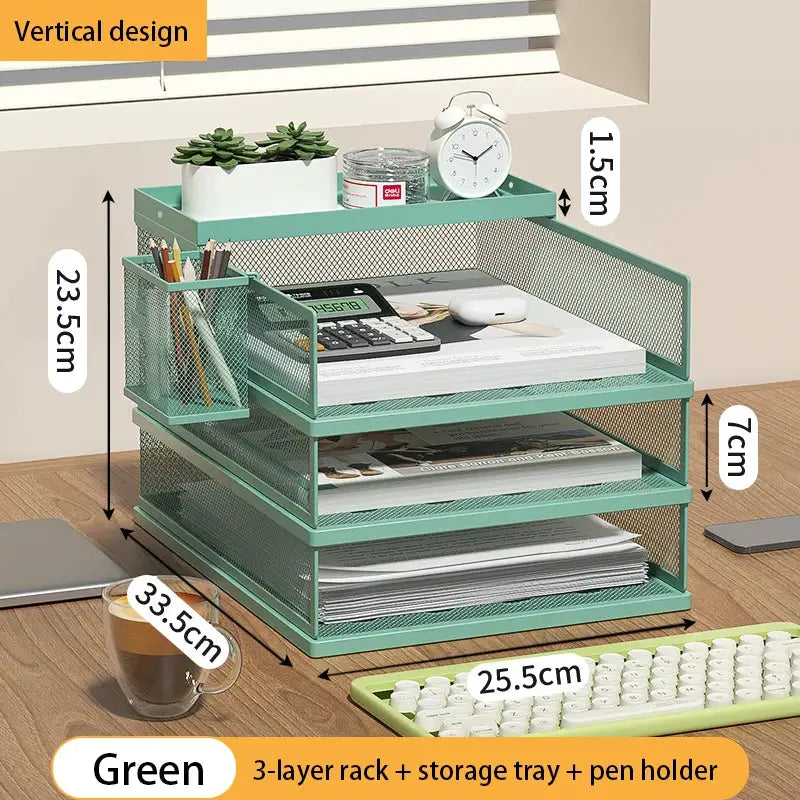 Stackable Letter Tray | 4-Tier | Green Metal | Pen Holder Included from PriceLows™