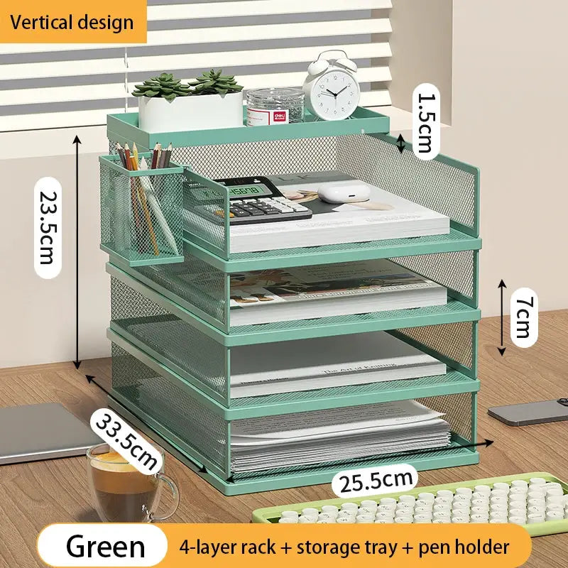 Stackable Letter Tray | 4-Tier | Green Metal | Pen Holder Included from PriceLows™