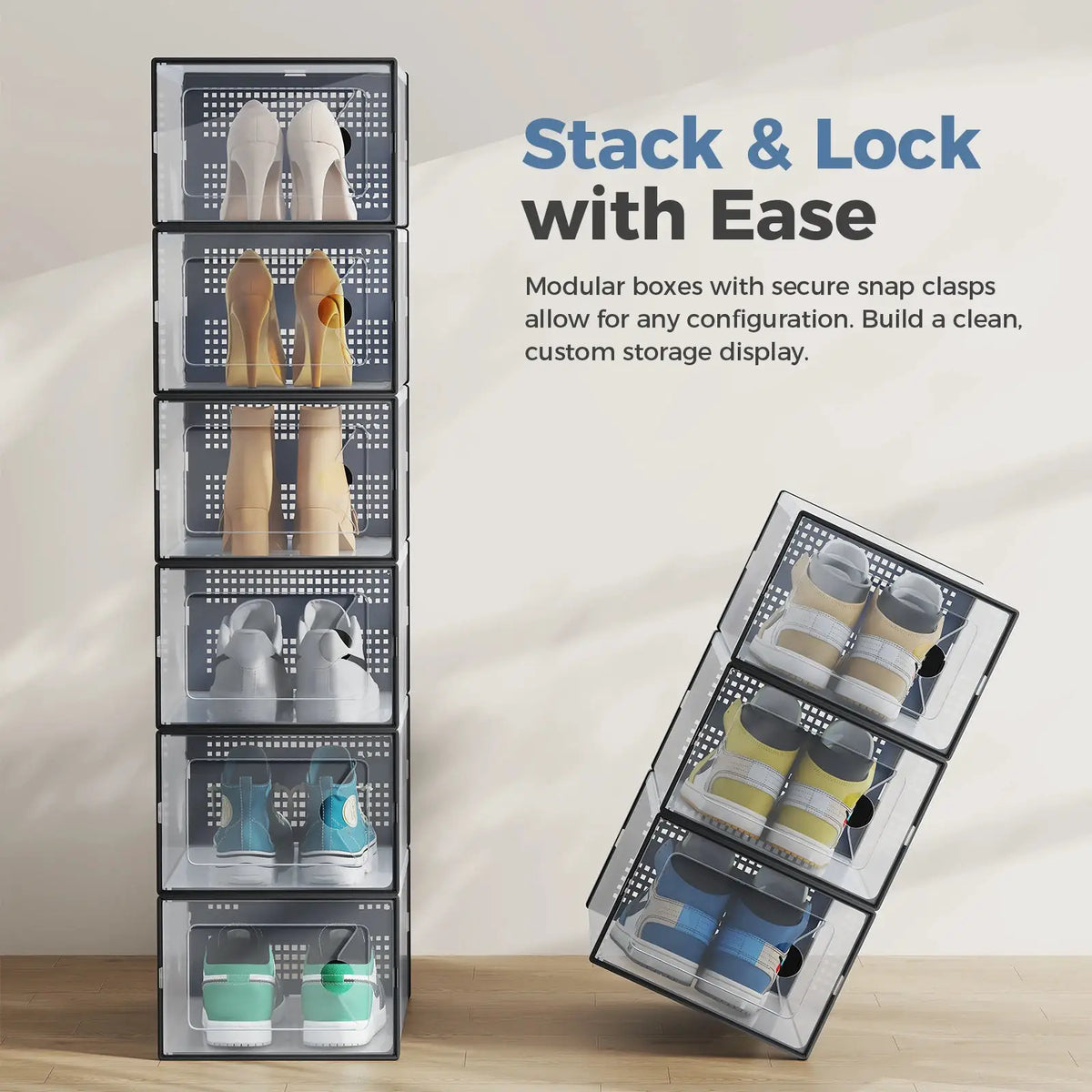 JHK 12/15 Pack Plastic Stackable Shoe Organizer with Lids for Closet Foldable Shoe Rack Sneaker Container Under Bed and Entryway Space Saving Cabinet Home Furniture from PriceLows™