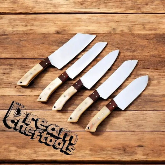 Stainless Knife Set D2 Steel Blades with Camel Bone Handles & Rosewood Bolsters + | 13 Inch | Rosewood | Kitchen Knives Set