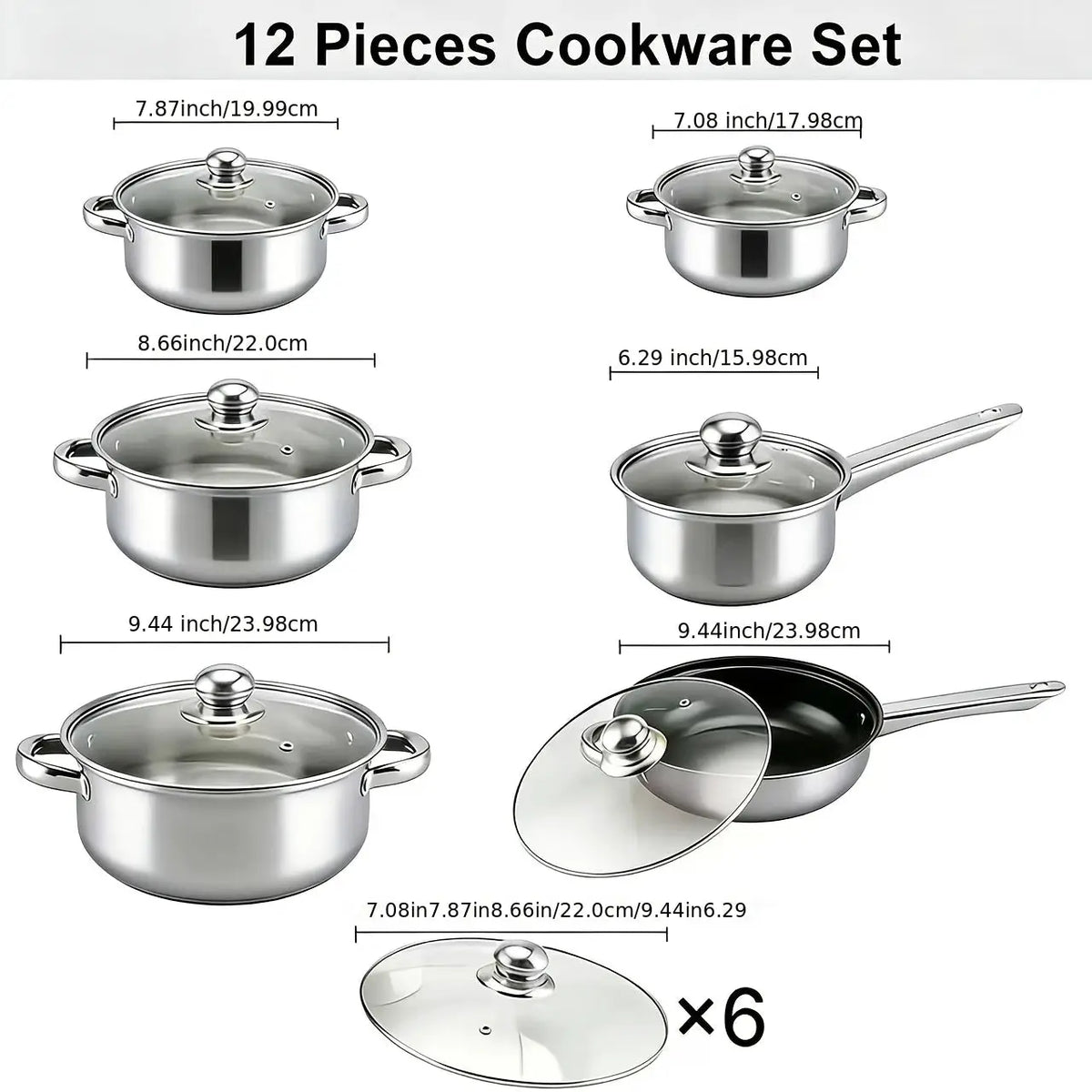 12pcs Stainless Steel Kitchen Cookware Set, (6Pots+6Lids) Cookware Set with Handles And Lids, Includes Different Sizes of Stockpots with Frying Pans, Dishwasher Safe, Easy to Clean, Durable And Heat Resistant, Silver Handle from PriceLows™