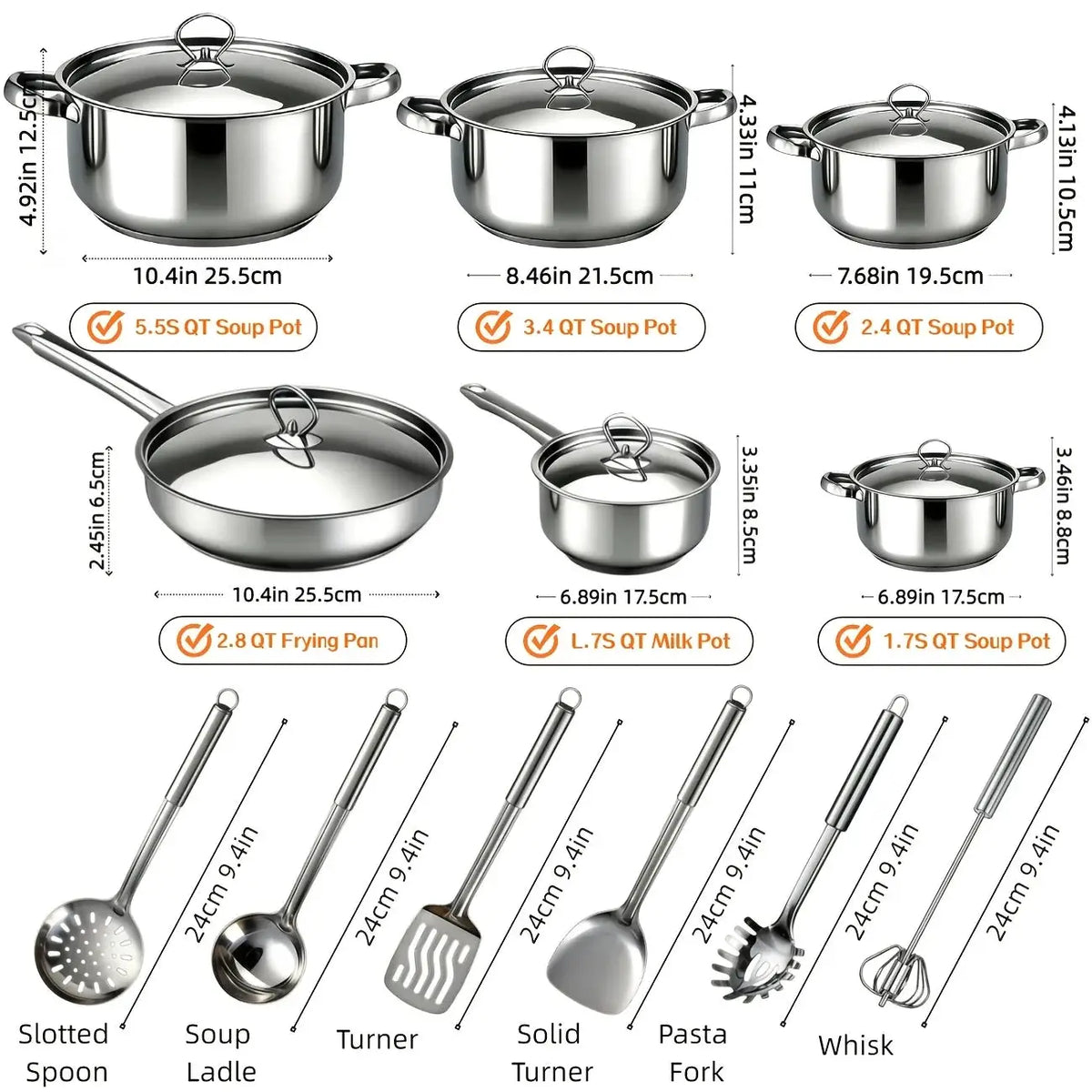 Cookware Set with Lids - 12pcs Stainless Steel Kitchen Cookware Set, Includes 6 Pots, 6 Bowls,5 Lids, 6 Utensils,Dishwasher Safe from PriceLows™