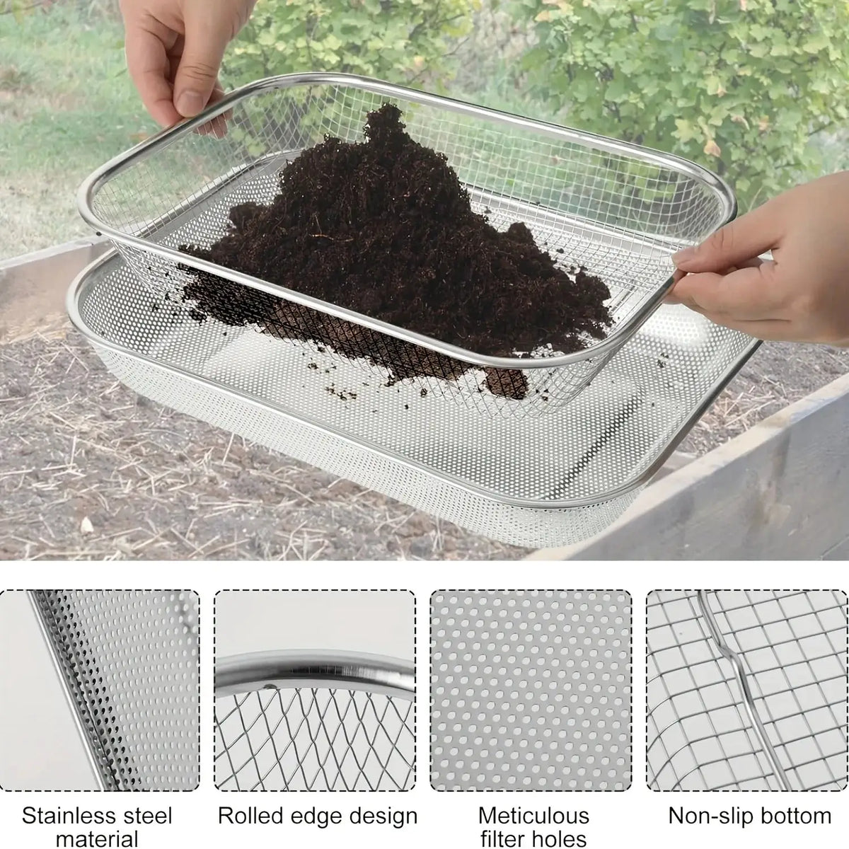 Stainless Steel Soil Sieve - Mesh Gardening Sieve for Rock Filtering, Composting and Sand, Durable and Anti-rust Hand Tools from PriceLows™