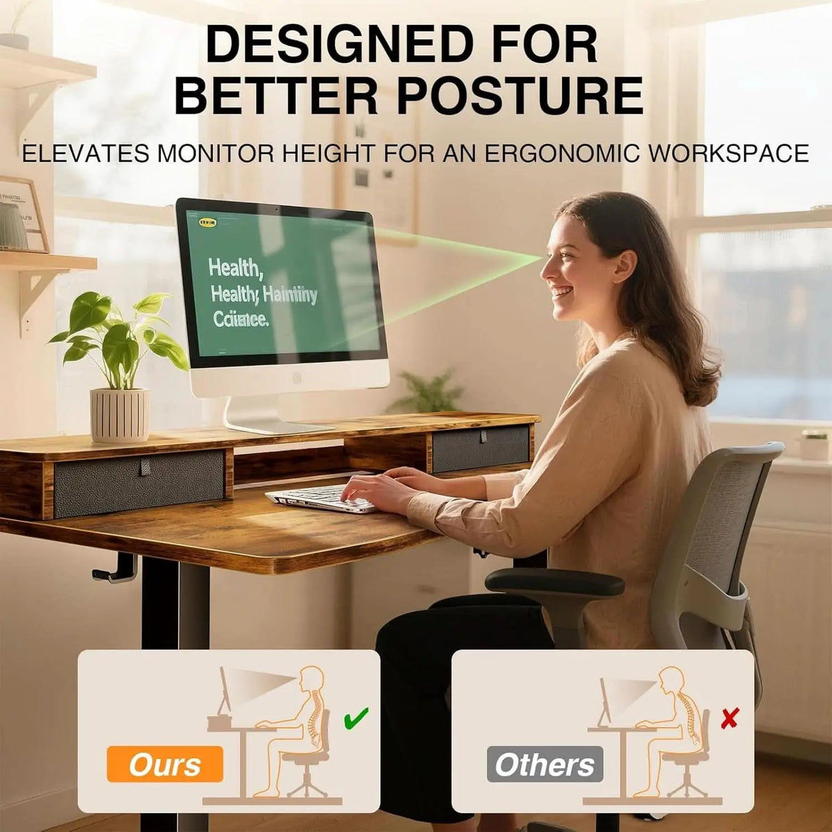 Brown 47.2 Inch Standing Desk Monitor Riser Drawers from PriceLows™