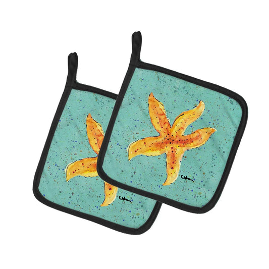 Pot Holder Set of 2 | Heat Resistant Quilted Hot Pads | 7.5 x 7.5 Inch | Starfish on Teal