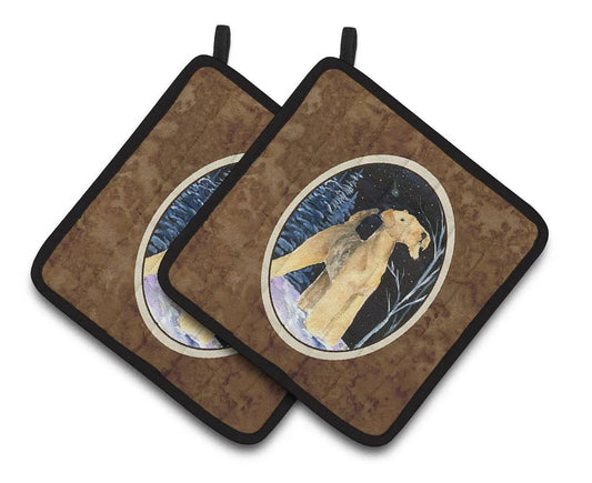 Pot Holder Set of 2 | Heat Resistant Quilted Hot Pads | 7.5 x 7.5 Inch | Starry Night Airedale