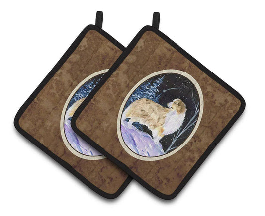 Pot Holder Set of 2 | Heat Resistant Quilted Hot Pads | 7.5 x 7.5 Inch | Starry Night Australian Shepherd