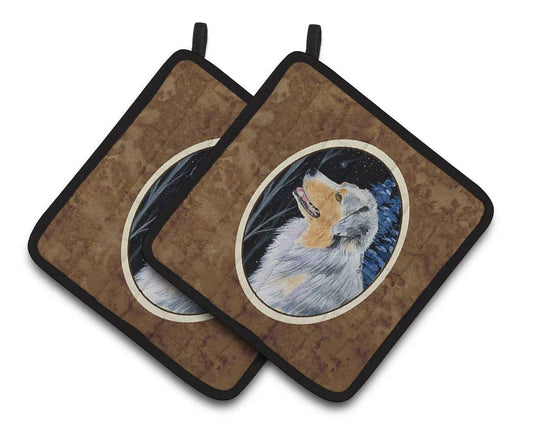 Pot Holder Set of 2 | Heat Resistant Quilted Hot Pads | 7.5 x 7.5 Inch | Starry Night Australian Shepherd (Style 2)