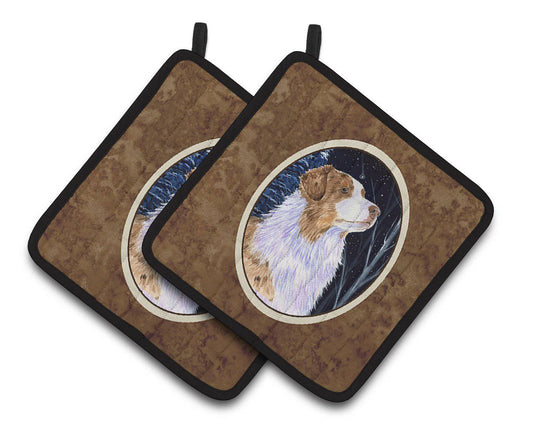 Pot Holder Set of 2 | Heat Resistant Quilted Hot Pads | 7.5 x 7.5 Inch | Starry Night Australian Shepherd (Style 3)