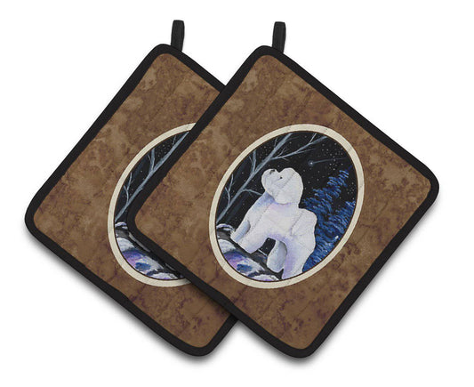 Pot Holder Set of 2 | Heat Resistant Quilted Hot Pads | 7.5 x 7.5 Inch | Starry Night Bichon Frise
