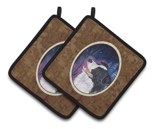 Pot Holder Set of 2 | Heat Resistant Quilted Hot Pads | 7.5 x 7.5 Inch | Starry Night Border Collie (Style 2)