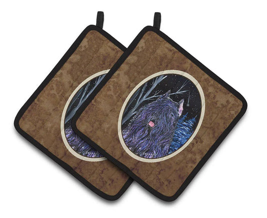 Pot Holder Set of 2 | Heat Resistant Quilted Hot Pads | 7.5 x 7.5 Inch | Starry Night Bouvier des Flandres
