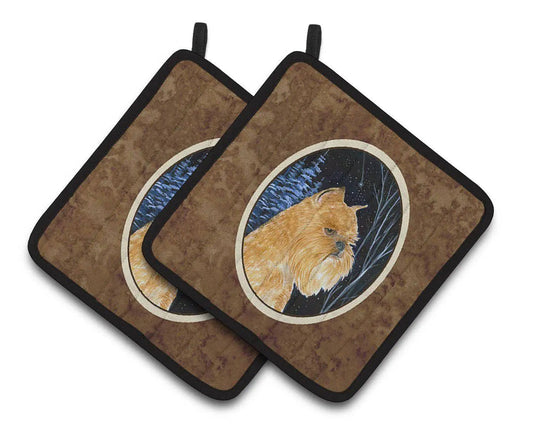 Pot Holder Set of 2 | Heat Resistant Quilted Hot Pads | 7.5 x 7.5 Inch | Starry Night Brussels Griffon