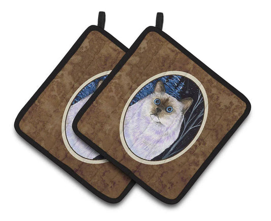 Pot Holder Set of 2 | Heat Resistant Quilted Hot Pads | 7.5 x 7.5 Inch | Starry Night Cat - Birman