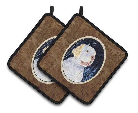 Pot Holder Set of 2 | Heat Resistant Quilted Hot Pads | 7.5 x 7.5 Inch | Starry Night Clumber Spaniel